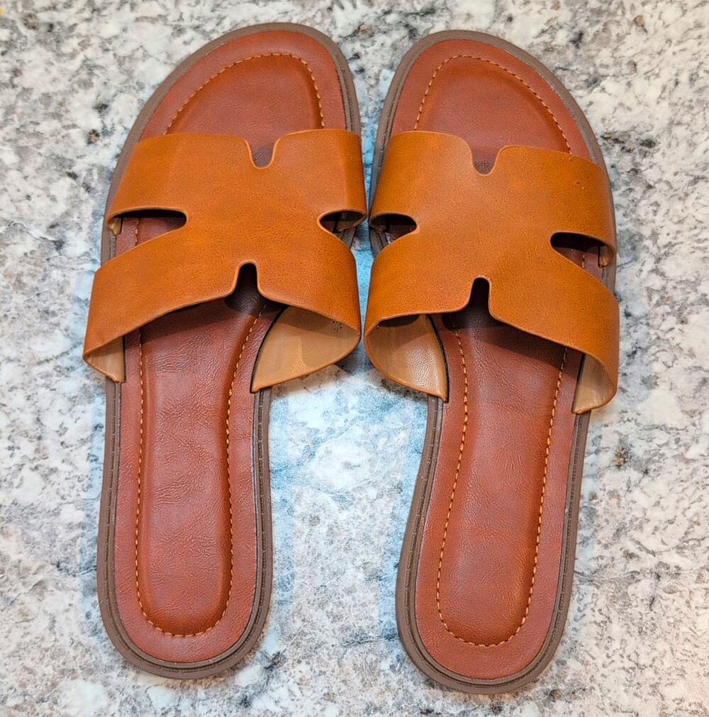Women’s Brown Slide Sandals Slip-On Flat Solid Synthetic Upper US 9
